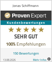 ProvenExpert-Bewertung Jonas Schiffmann: SEHR GUT, 100% Empfehlungen, 150 Bewertungen